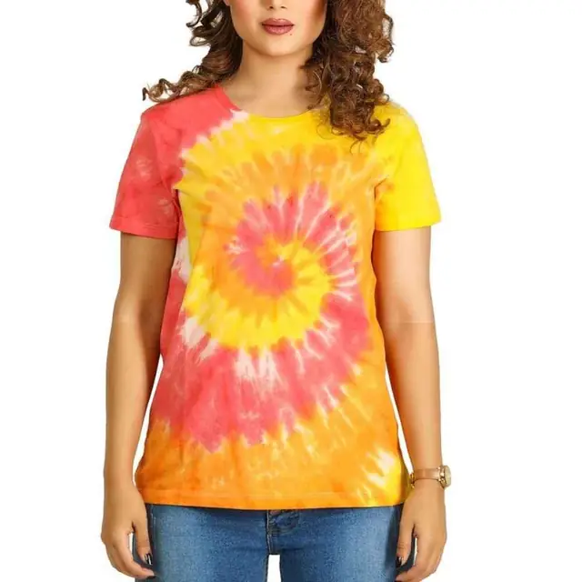 RuSu premium quality women's tie-dye t-shirt with vibrant pastel spiral pattern, laid flat.